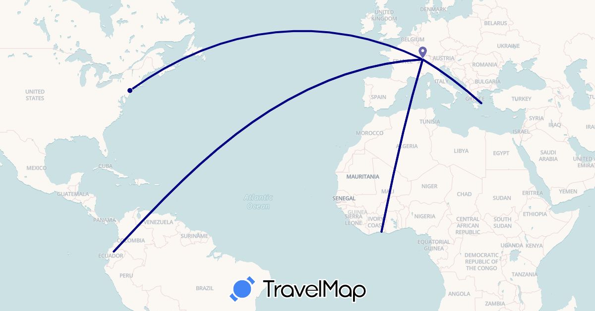 TravelMap itinerary: driving in Switzerland, Côte d'Ivoire, Ecuador, Greece, United States (Africa, Europe, North America, South America)